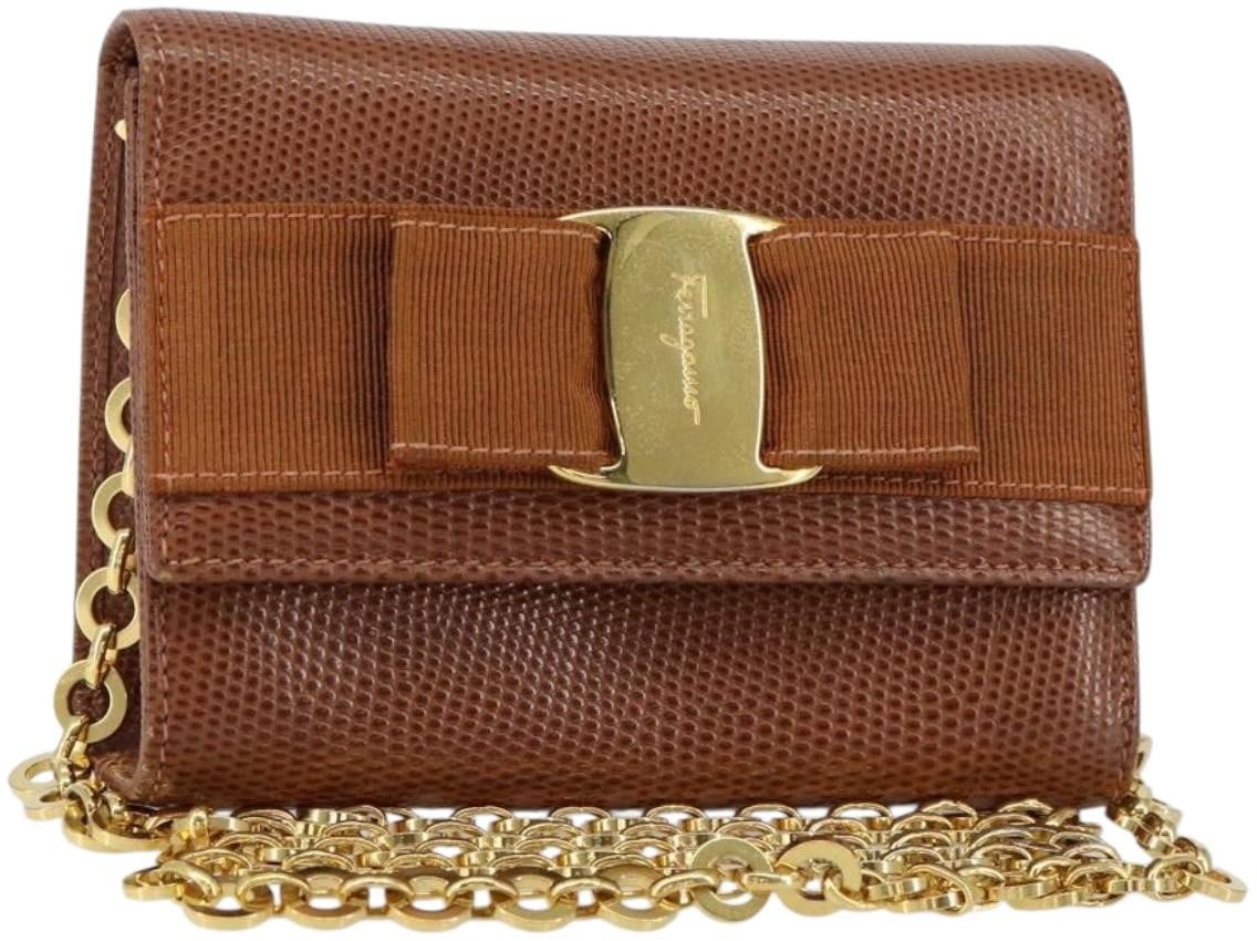Salvatore Ferragamo Vala Shoulder Bag Embossed Leather Bruin