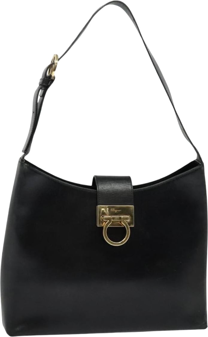 Salvatore Ferragamo Gancio Flap Hobo Leather Medium Zwart