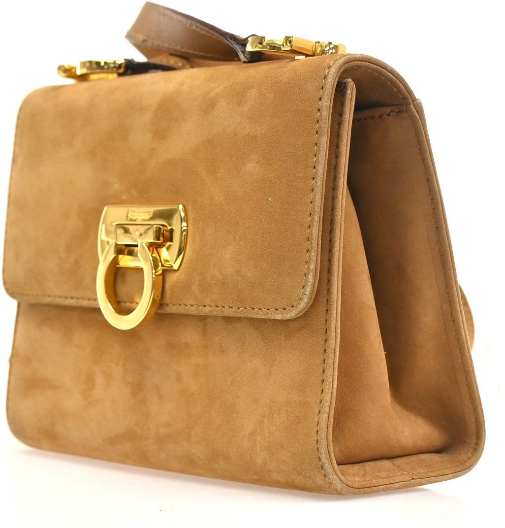 Salvatore Ferragamo Gancini Shoulder Bag Suede Bruin