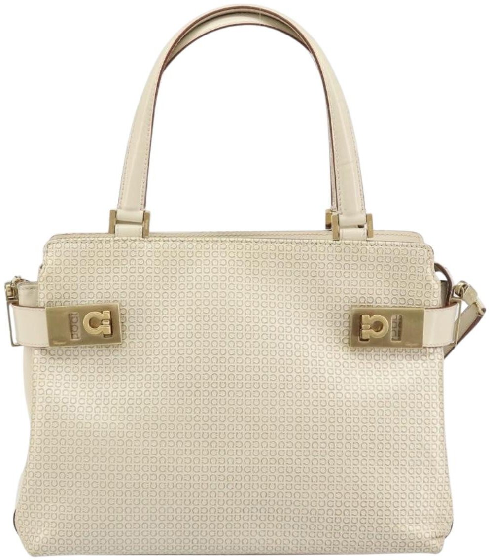 Salvatore Ferragamo Double Gancini Side Buckle Tote Leather Medium Beige