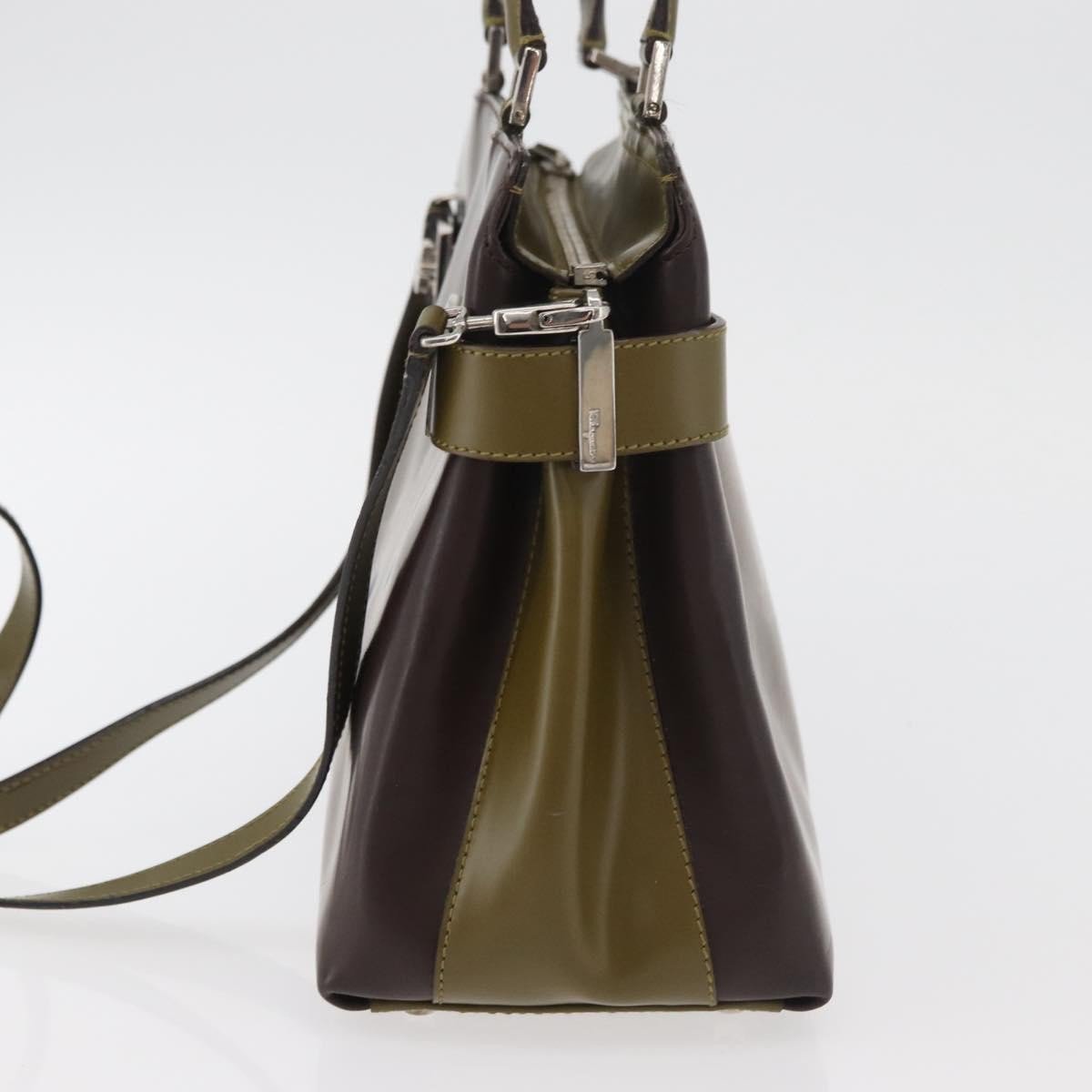 Salvatore Ferragamo Double Gancini Side Buckle Tote Patent Leather Bruin