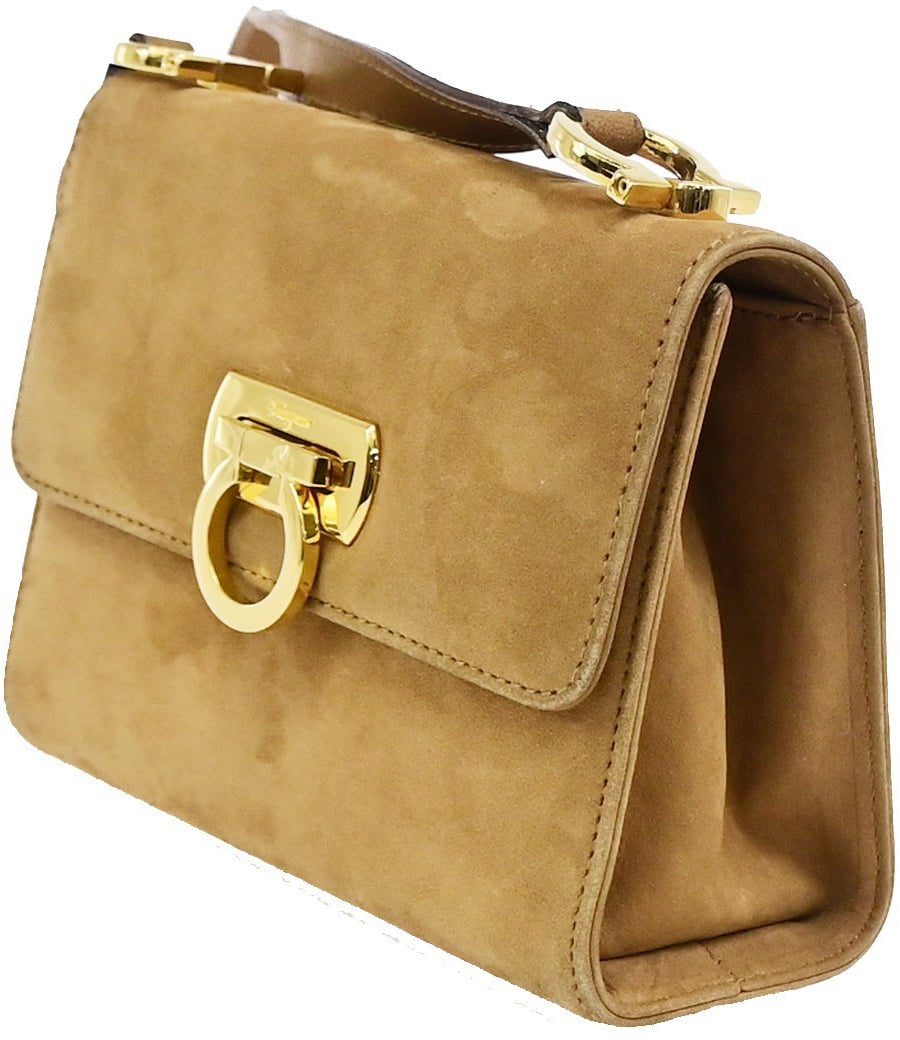 Salvatore Ferragamo Gancini Flap Suede Beige