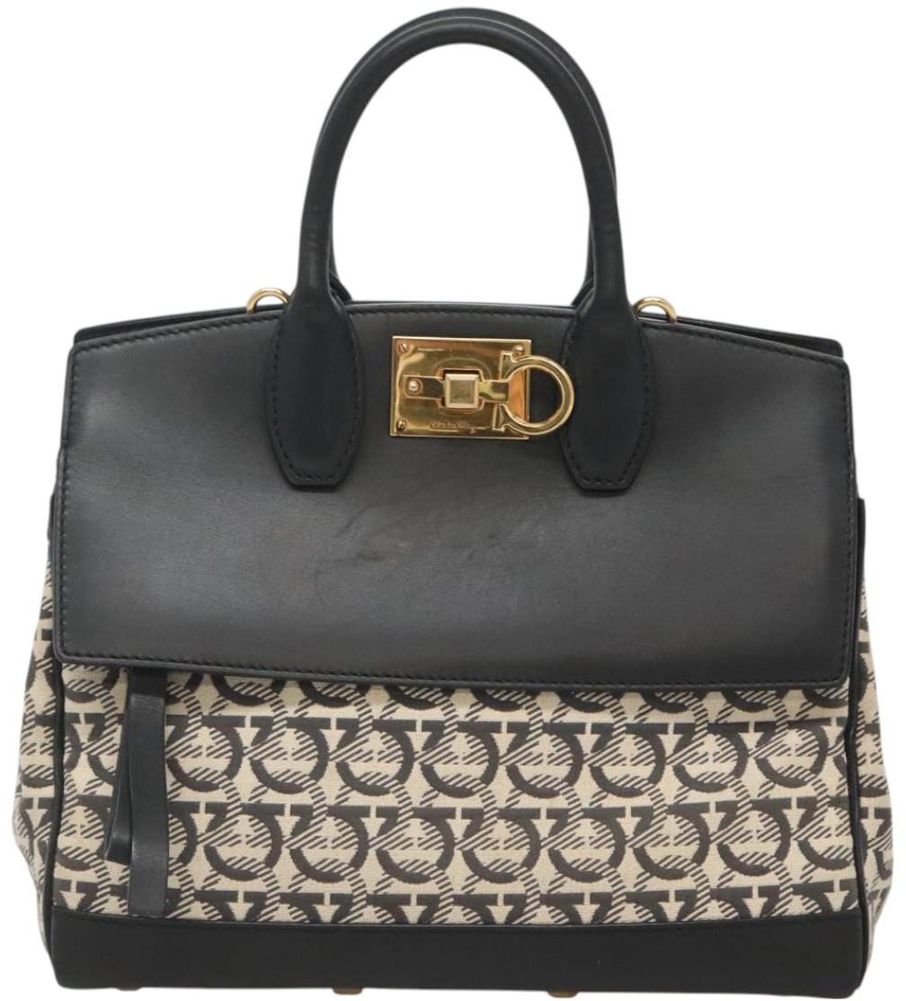 Salvatore Ferragamo Salvatore Ferragamo Studio Satchel Gancini Jacquard and Leather Medium Zwart