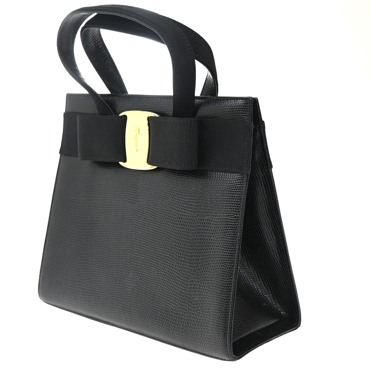 Salvatore Ferragamo Salvatore Ferragamo Convertible Vara Bow Tote Lizard Embossed Leather Small Zwart