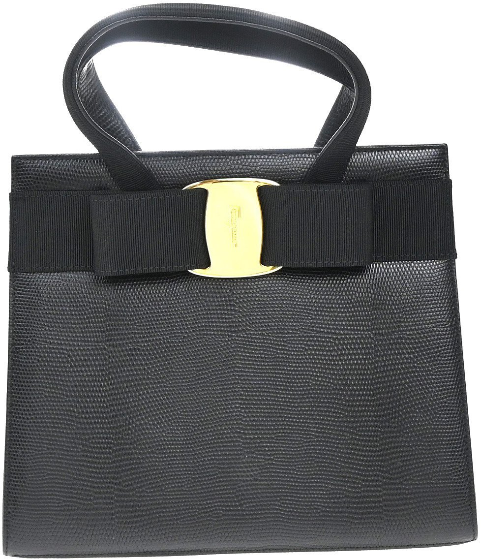 Salvatore Ferragamo Salvatore Ferragamo Convertible Vara Bow Tote Lizard Embossed Leather Small Zwart