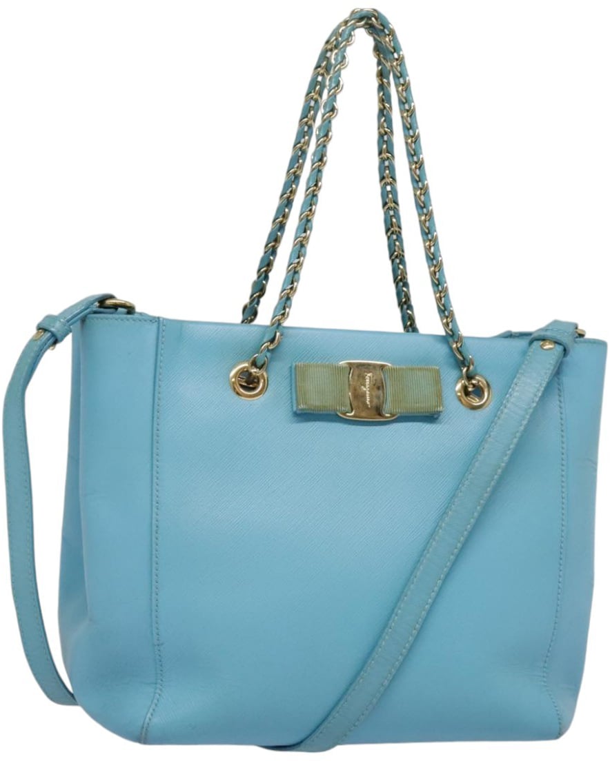 Salvatore Ferragamo Salvatore Ferragamo Vara Bow Chain Tote Leather Small Blauw