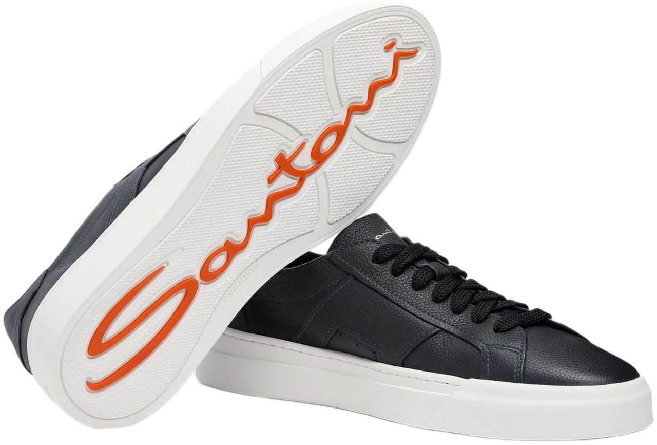 Santoni Low-Top Black Leather Sneakers With Gold Accents Zwart