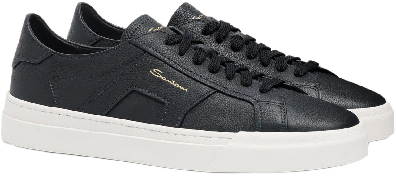 Santoni Low-Top Black Leather Sneakers With Gold Accents Zwart