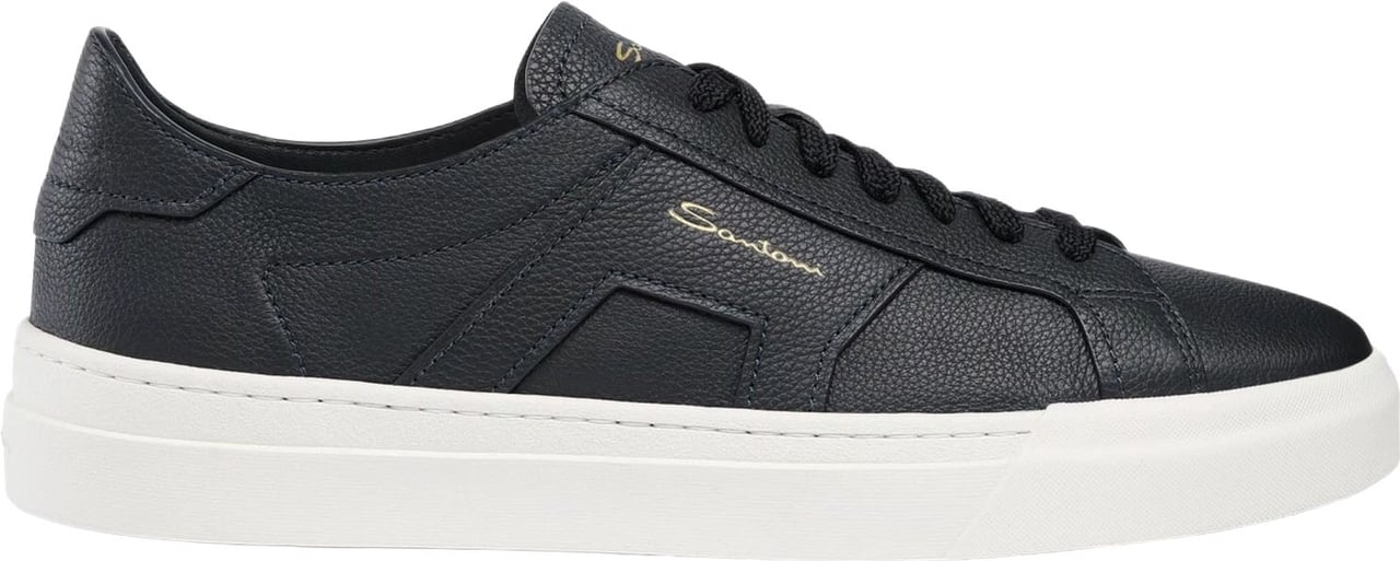 Santoni Low-Top Black Leather Sneakers With Gold Accents Zwart