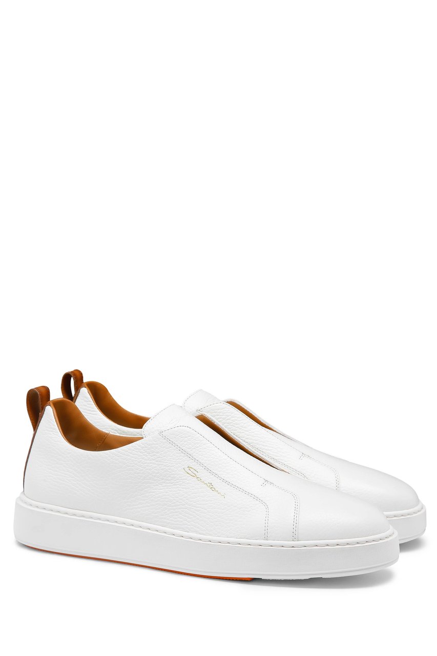 Santoni White Pebbled Leather Slip-On Sneakers Wit