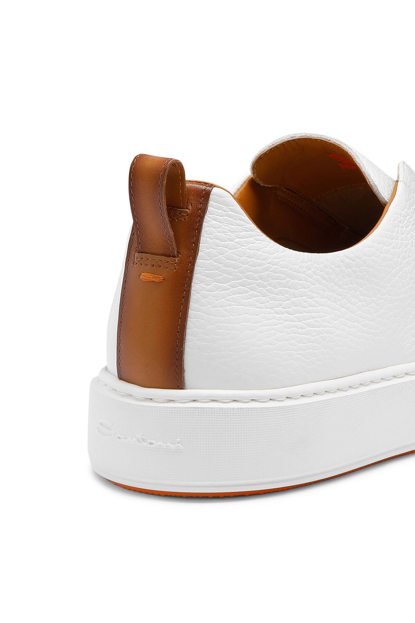 Santoni White Pebbled Leather Slip-On Sneakers Wit