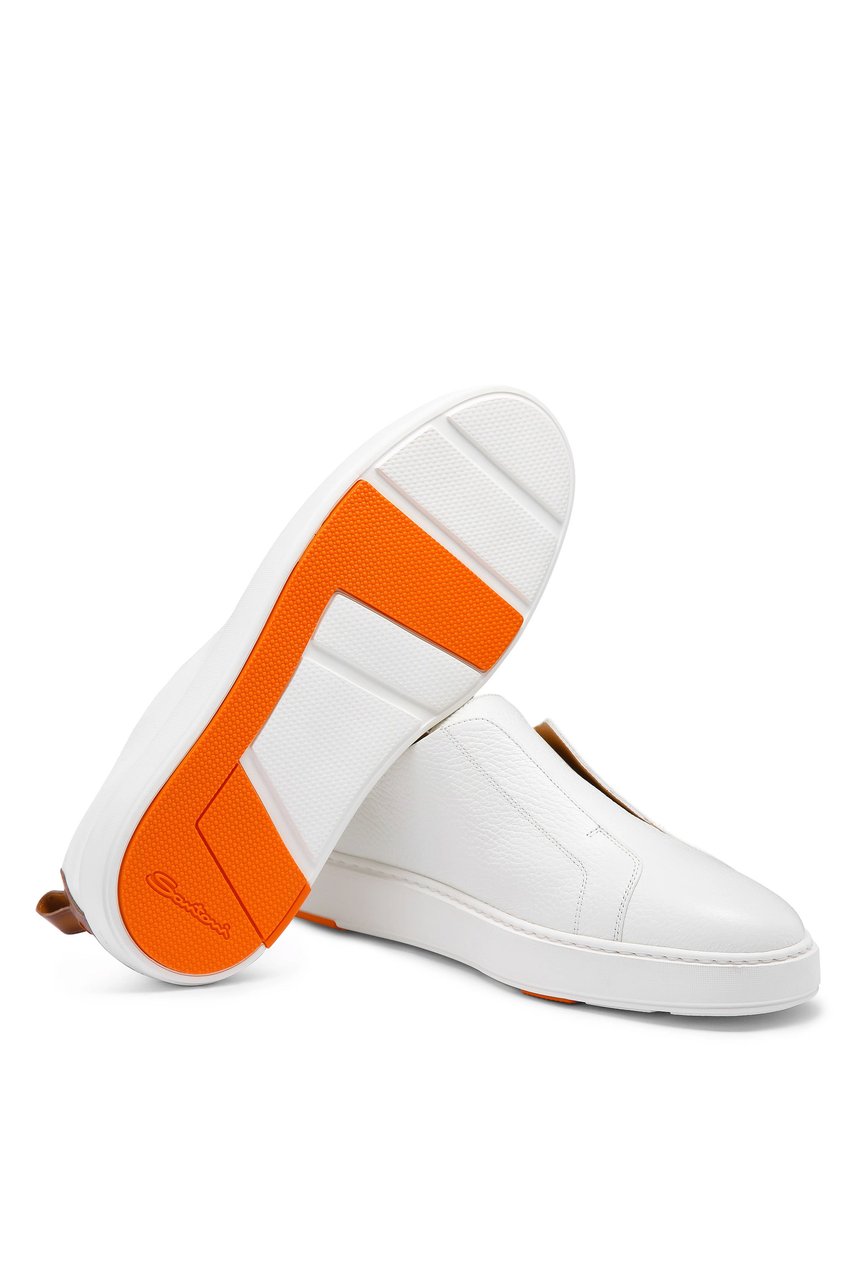 Santoni White Pebbled Leather Slip-On Sneakers Wit
