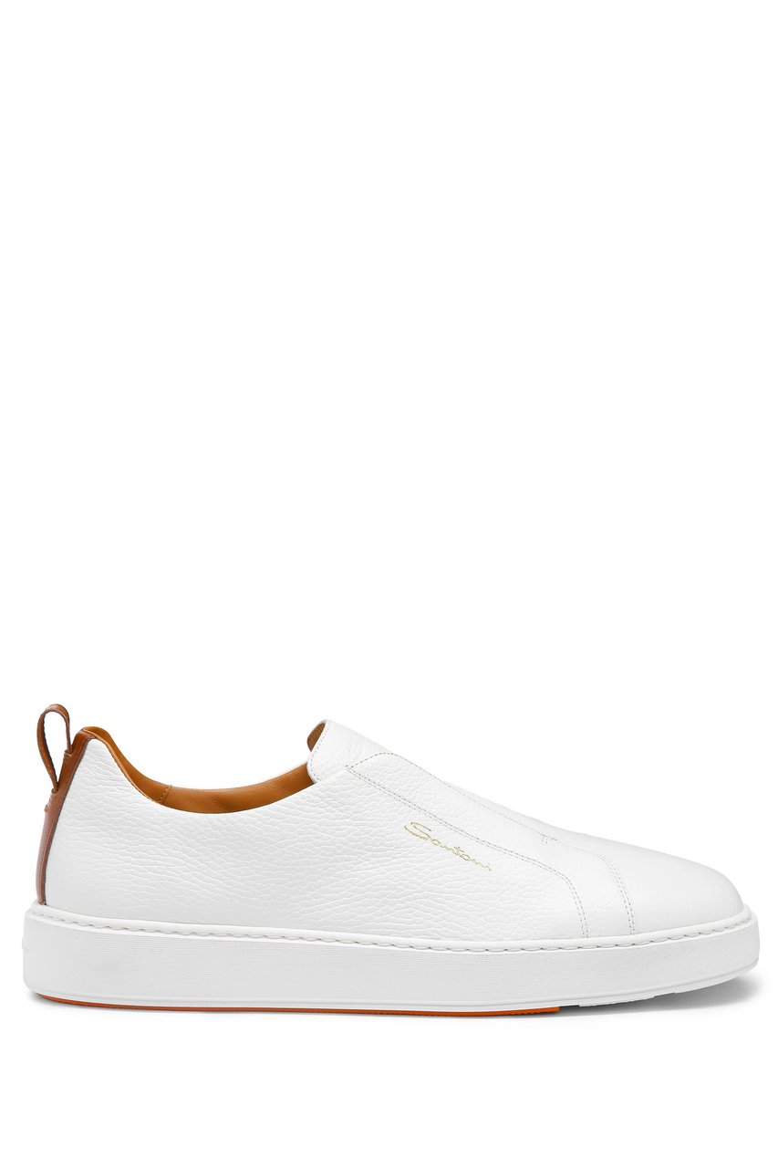 Santoni White Pebbled Leather Slip-On Sneakers Wit