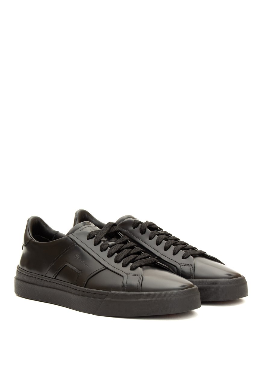 Santoni Double-Buckle Brushed Calf Leather Sneakers Zwart