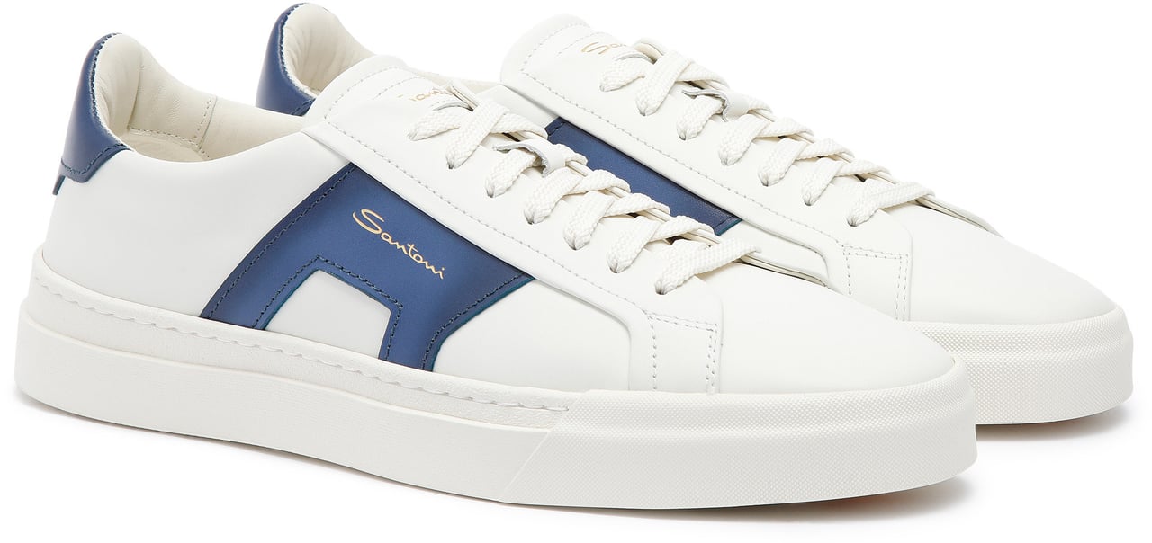 Santoni Men’s leather double buckle sneaker Wit