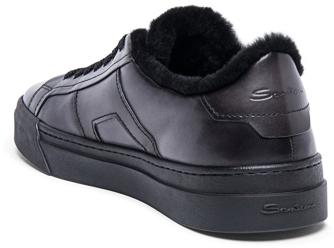 Santoni Men’s leather Double Buckle Sneaker with fur Wit