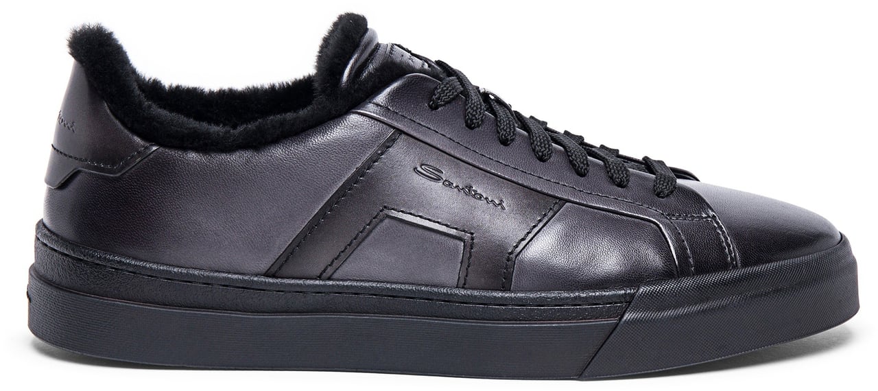 Santoni Men’s leather Double Buckle Sneaker with fur Wit