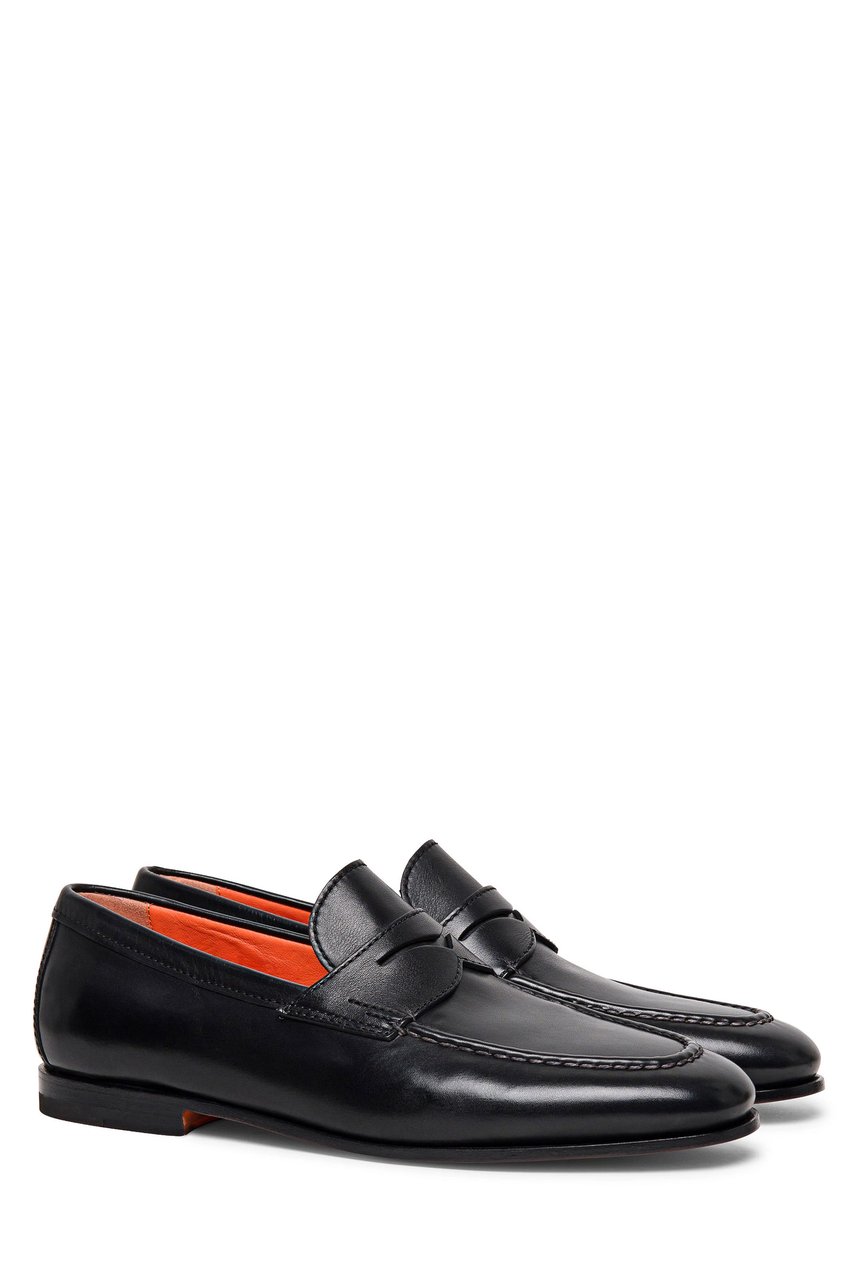 Santoni Leather Penny Loafers Zwart