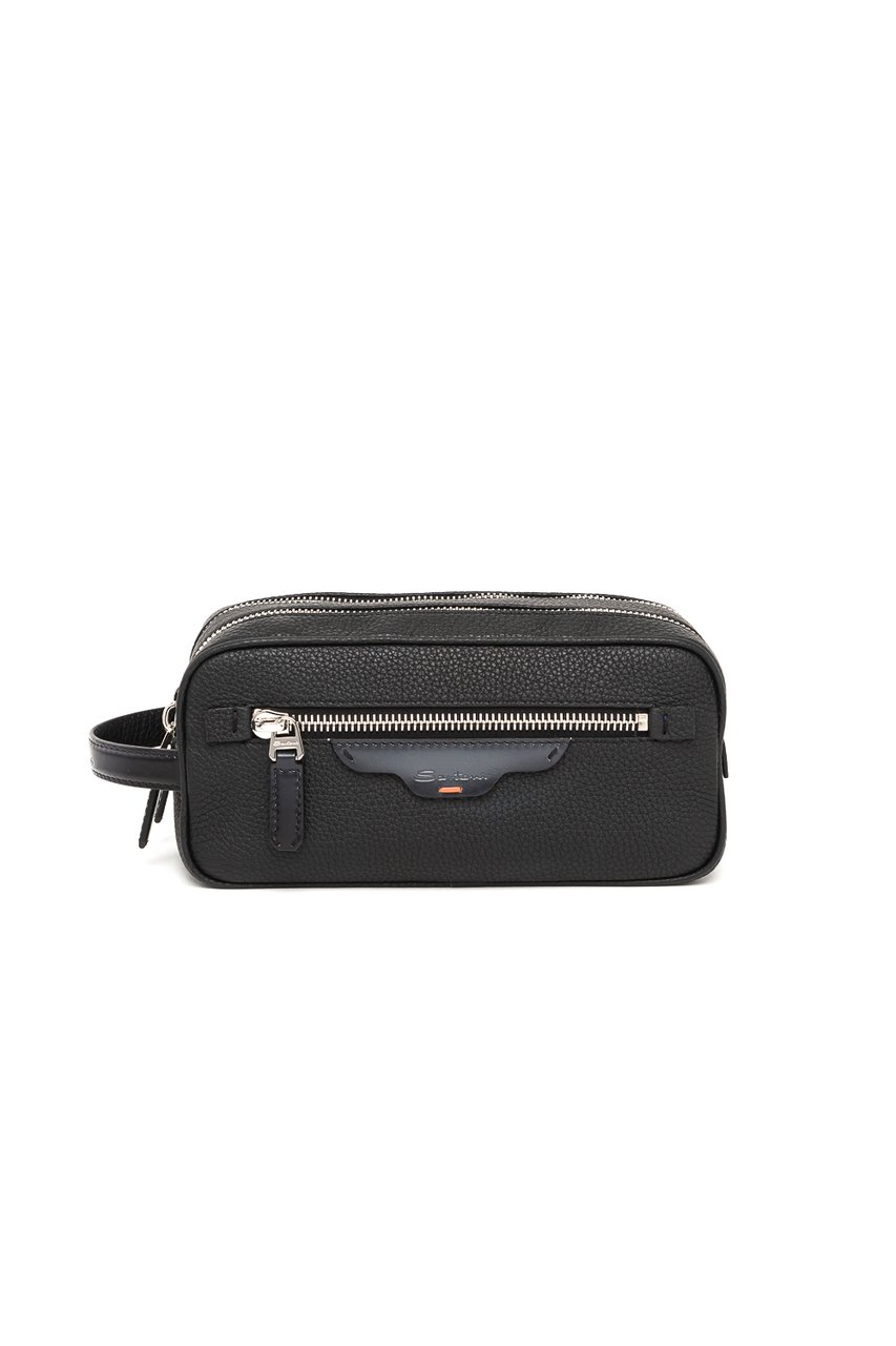 Santoni Textured Leather Belt Bag with Dual Compartments and Silver Accents Zwart
