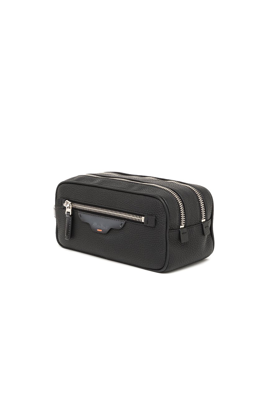 Santoni Textured Leather Belt Bag with Dual Compartments and Silver Accents Zwart