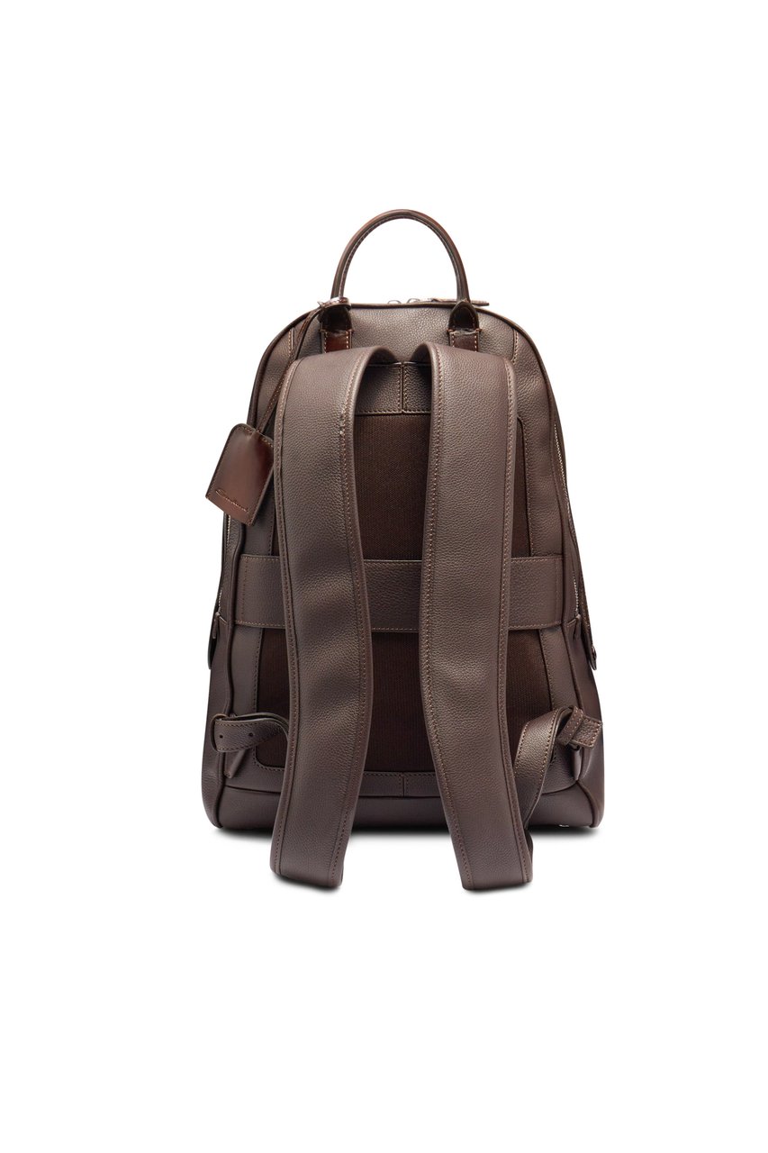 Santoni Artisanal Brown Leather Backpack with Dual Compartments Bruin