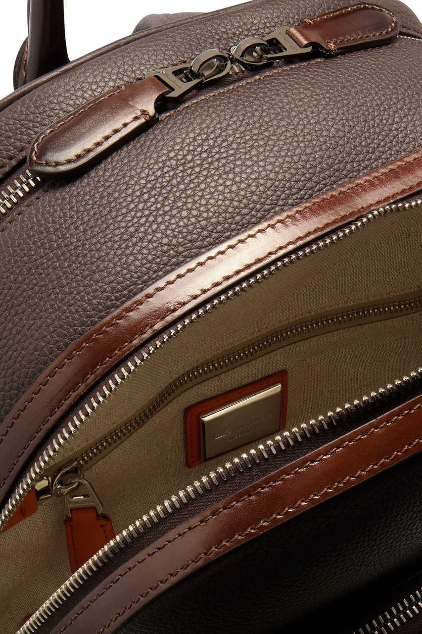 Santoni Artisanal Brown Leather Backpack with Dual Compartments Bruin