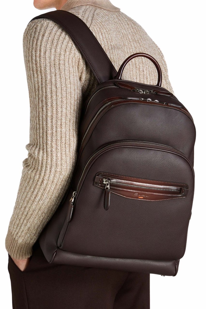 Santoni Artisanal Brown Leather Backpack with Dual Compartments Bruin