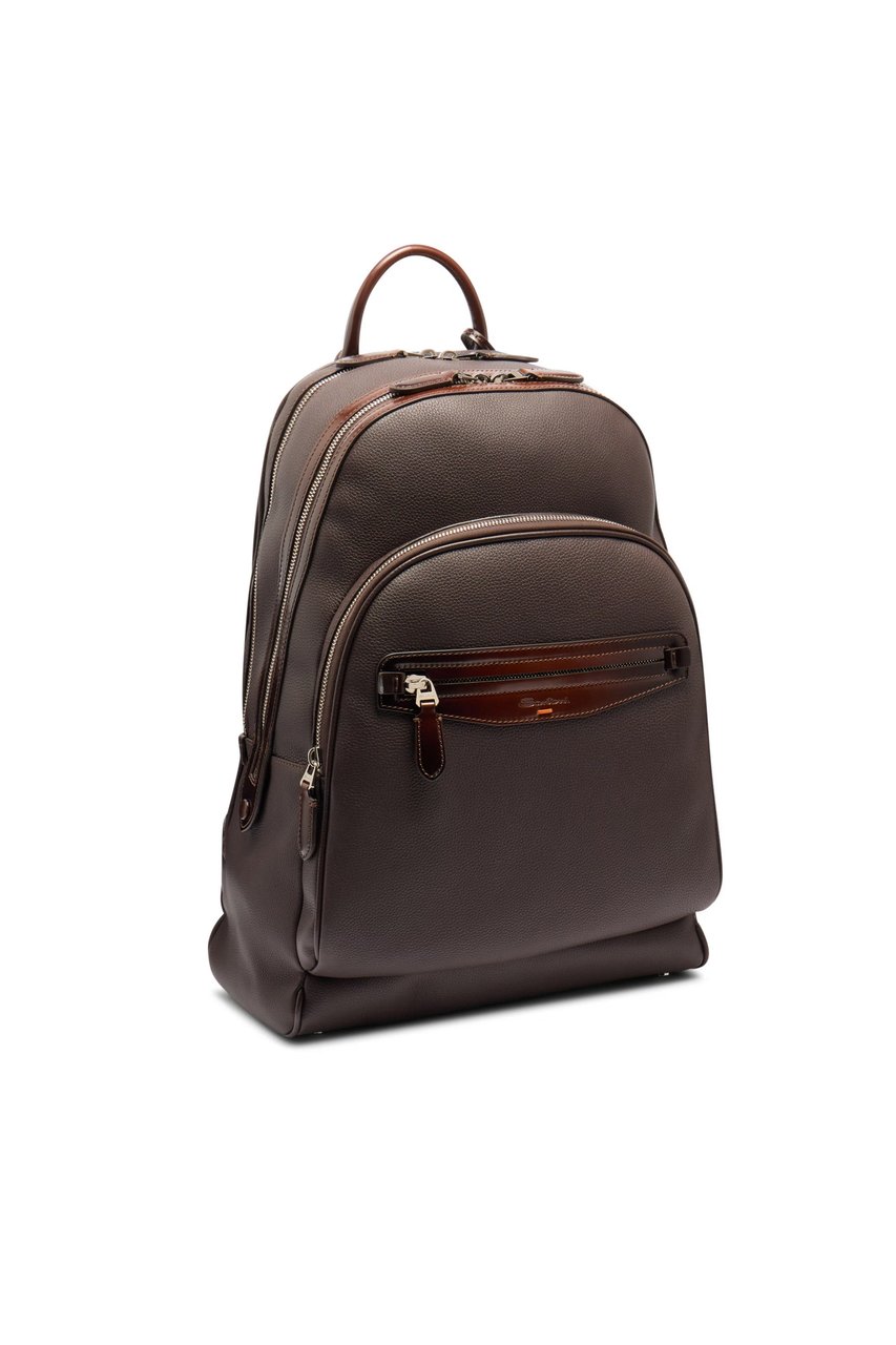 Santoni Artisanal Brown Leather Backpack with Dual Compartments Bruin