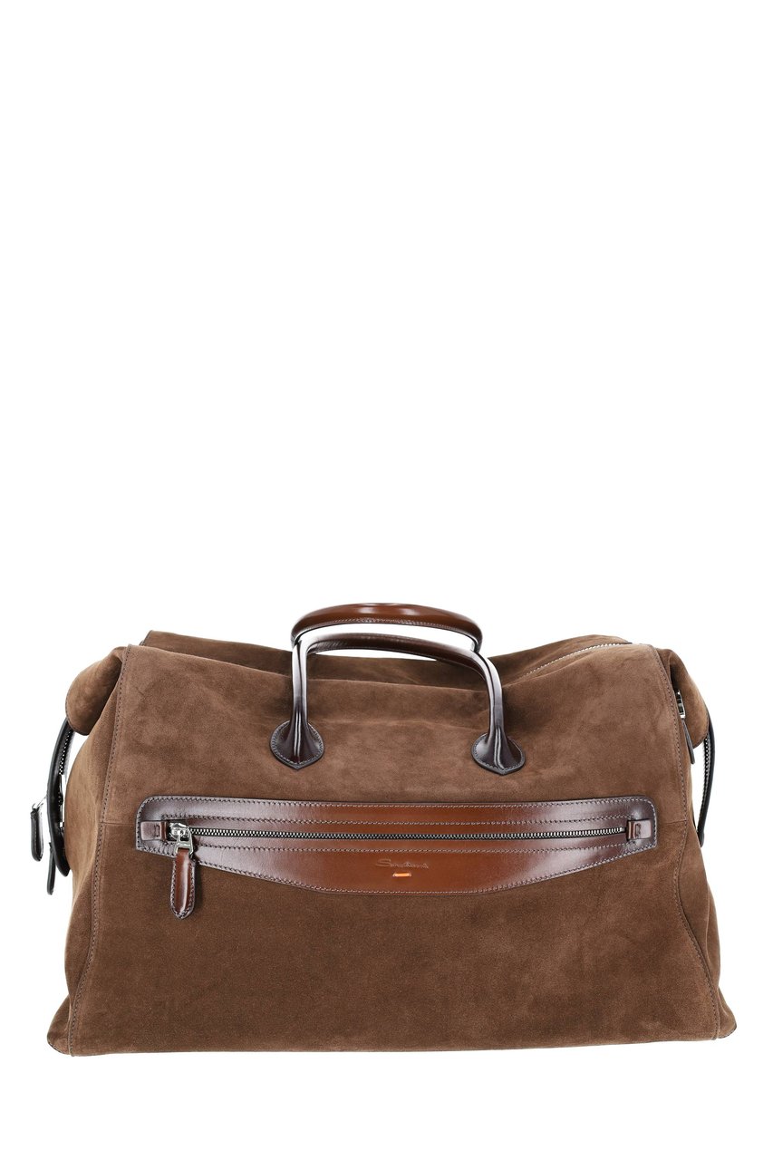 Santoni Suede Leather Handcrafted Weekender Bag Grijs