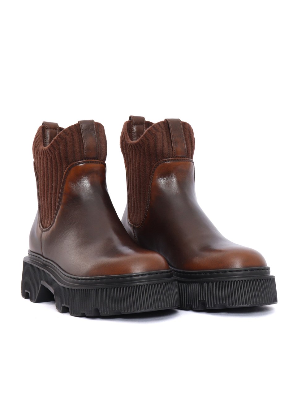 Santoni Brown Calfskin Mountain Boot with Ribbed Ankle Panel Zwart