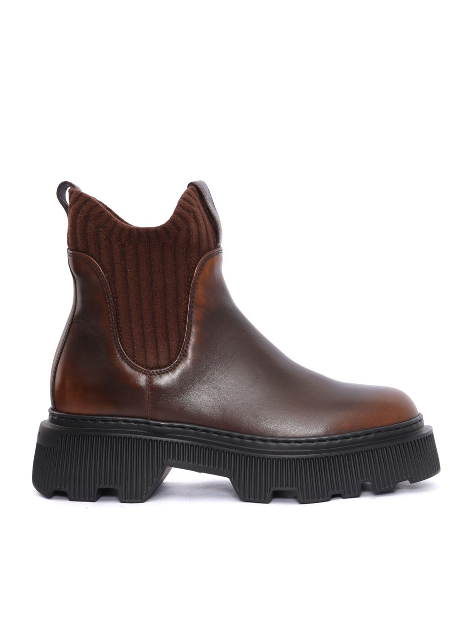 Santoni Brown Calfskin Mountain Boot with Ribbed Ankle Panel Zwart