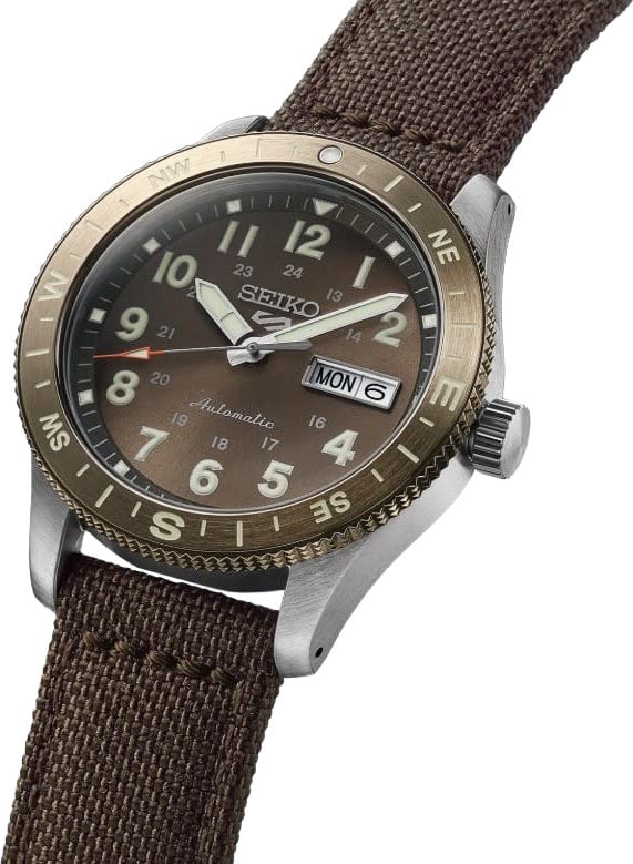 Seiko Horloge HDB009K1 5 Sport Staal Automaat 100m Waterdicht Bruin Nylon 40mm Bruin