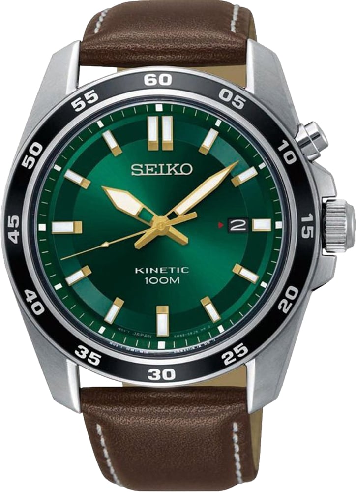 Seiko Horloge SKA791P1 Staal Kinetic 100m Waterdicht met Groen Wijzerplaat en Bruin Leren Horlogeband 43mm Bruin