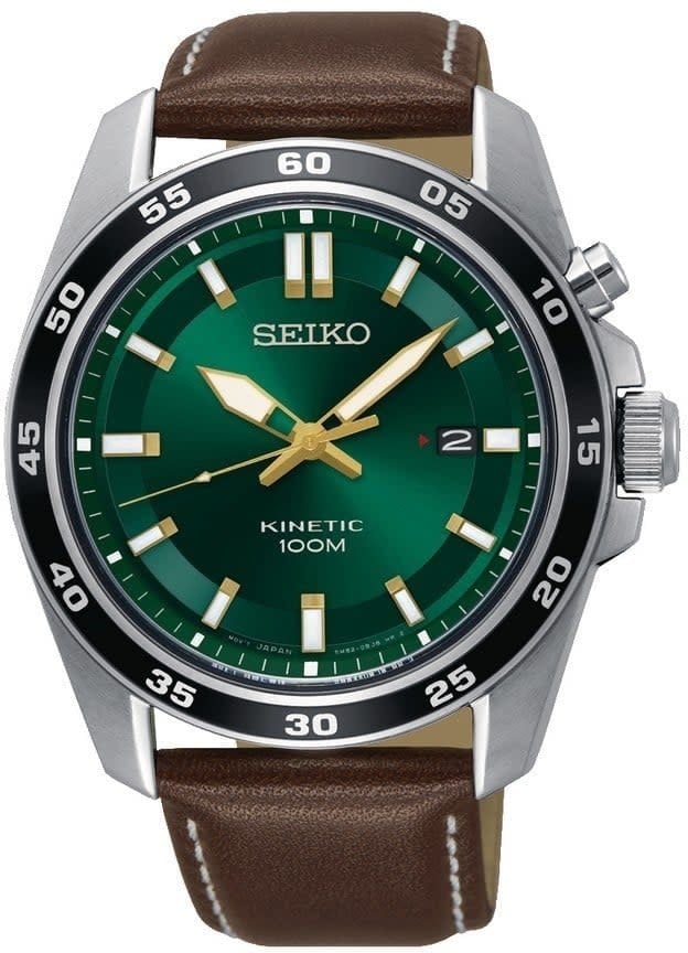 Seiko Horloge SKA791P1 Staal Kinetic 100m Waterdicht met Groen Wijzerplaat en Bruin Leren Horlogeband 43mm Bruin