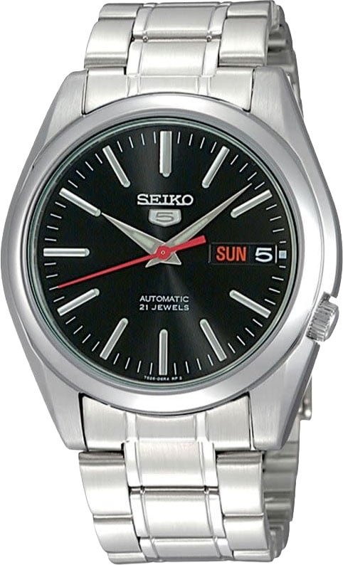 Seiko Horloge SNKL45K1 5 Staal Automaat met Zwarte Wijzerplaat 38mm Zilver