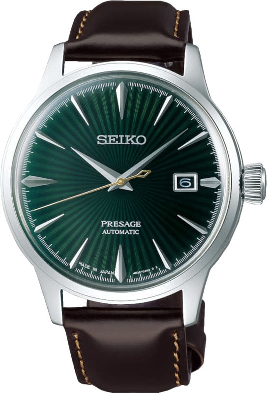 Seiko Horloge SRPD371J1 Presage Automaat 50m Waterdicht met Groene Wijzerplaat en Bruin Leren Horlogeband 40mm Donkergroen