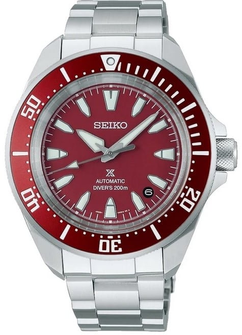 Seiko Horloge SRPL11K1 Prospex Staal Automaat 200m Waterdicht met Rode Wijzerplaat en Bezel 41mm Maroon