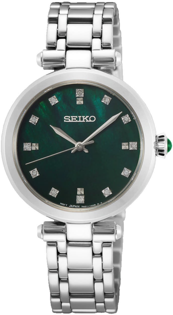 Seiko Seiko Horloge SRZ535P1 Staal Quartz Saffierglas 50m Waterdicht met GroeneWijzerplaat en Diamant 30mm Zilver