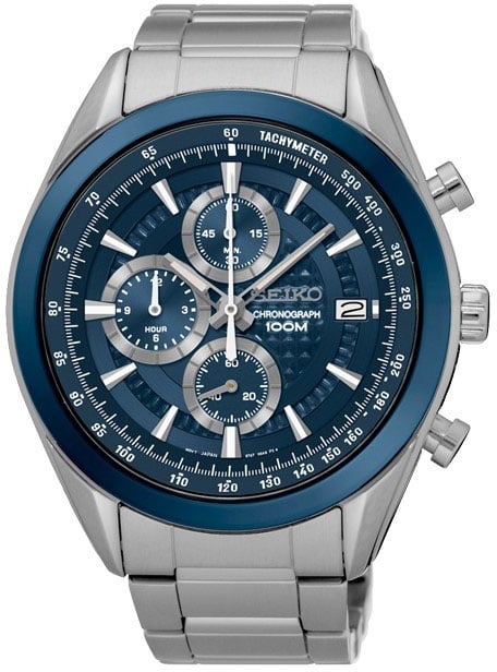 Seiko HEREN CHRONOGRAAF STAAL BRACELET BLAUW 100M SSB177P1 Zilver