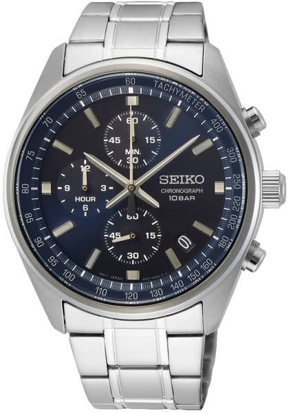 Seiko Seiko Horloge SSB377P1 Staal Quartz Chronograaf 100m Waterdicht en Blauwe Wijzerplaat Zilver