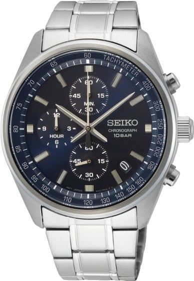 Seiko Horloge SSB377P1 Staal Quartz Chronograaf 100m Waterdicht en Blauwe Wijzerplaat Zilver