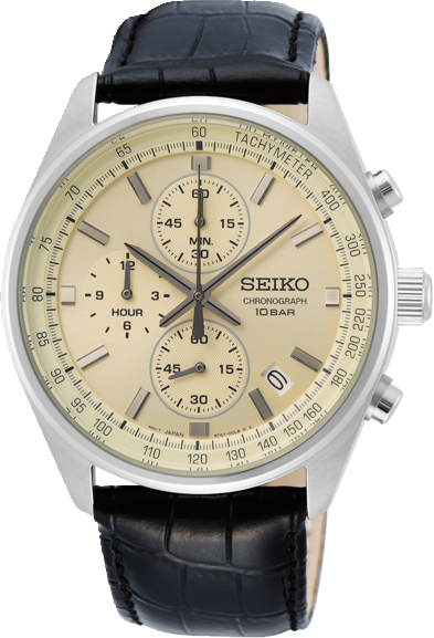Seiko HEREN CHRONO STAAL ZWART LEER CREME 100M WR SSB383P1 Zilver