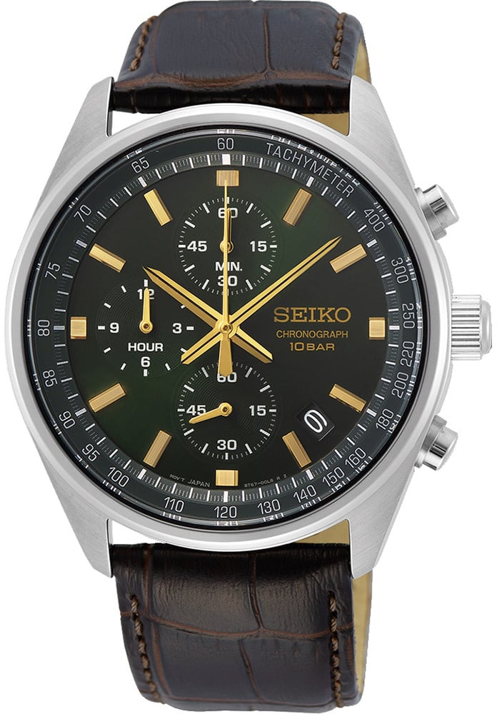 Seiko Seiko Horloge SSB385P1 Staal Chronograaf met Groene Wijzerplaat en Bruin Leren Horlogeband 41.5mm Bruin