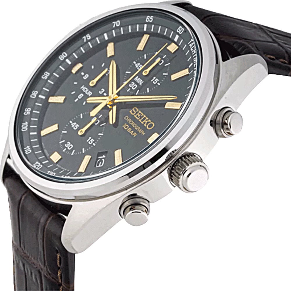 Seiko Seiko Horloge SSB385P1 Staal Chronograaf met Groene Wijzerplaat en Bruin Leren Horlogeband 41.5mm Bruin