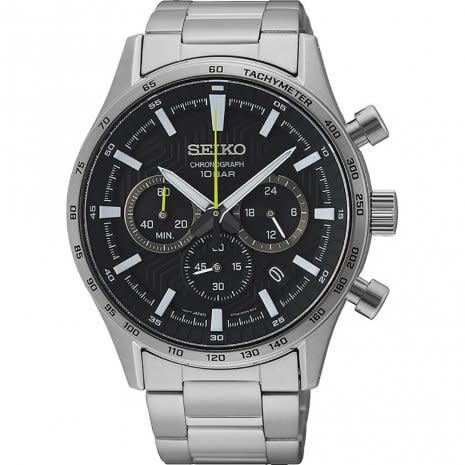Seiko HEREN CHRONO NEW LINK SS BRACELET ZWART 100M WR SSB413P1 Zilver