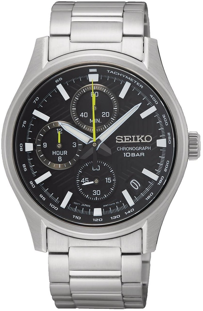 Seiko Horloge SSB419P1 Staal Quartz Chronograaf Saffierglas 100m Waterdicht met Zwarte Wijzerplaat 43mm Zilver