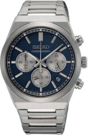 Seiko HEREN CHRONOGRAAF STAAL BRACELET BLAUW 100M WR SSB453P1 Zilver