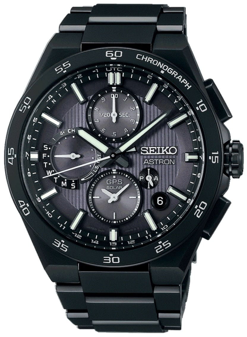 Seiko Seiko Horloge SSH155J1 Astron Titanium met Zwarte Coating GPS Solar Saffierglas 100m Waterdicht 43mm Divers