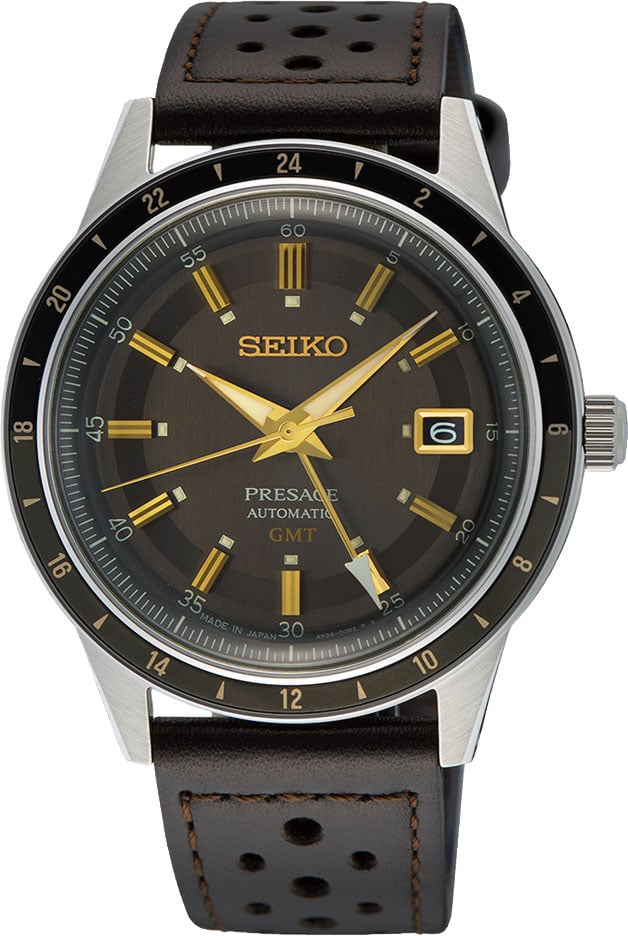 Seiko Horloge SSK013J1 Presage Staal Automaat GMT 50m Waterdicht met Bruine Leren Horlogeband 41mm Bruin