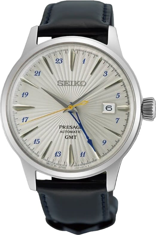 Seiko Horloge SSK049J1 Presage Cocktail Staal Automaat GMT met Leren Horlogeband 39mm Lichtgrijs